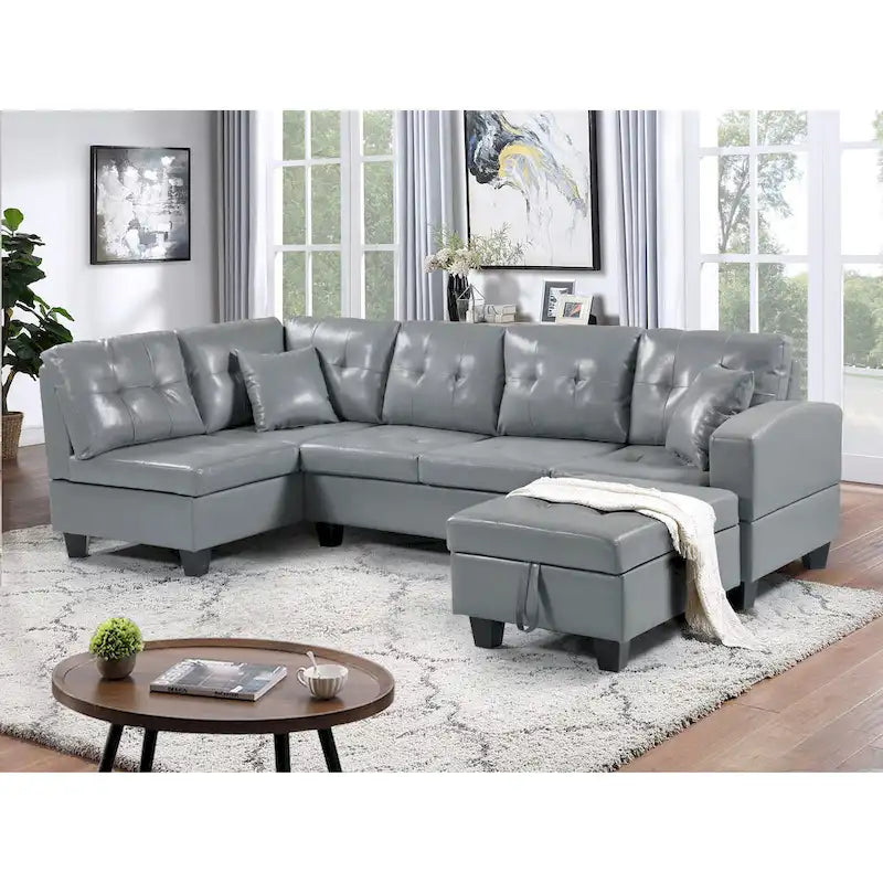 Faux Leather Left Chaise Living Room Sofa Set with Storage Ottoman