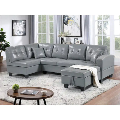 Faux Leather Left Chaise Living Room Sofa Set with Storage Ottoman