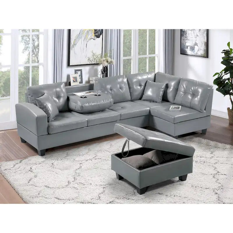 Faux Leather Left Chaise Living Room Sofa Set with Storage Ottoman