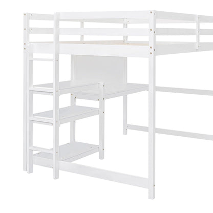 Full Size Wooden Loft Bed with Shelves, Desk and Writing Board - Gray