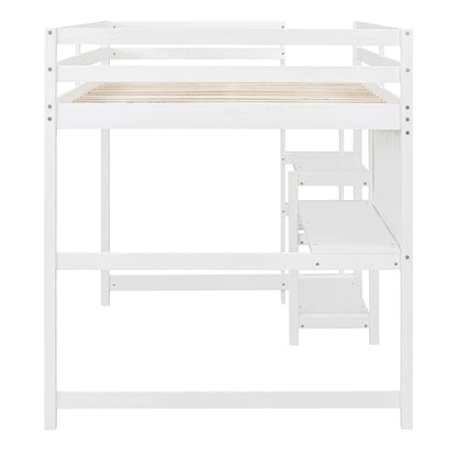 Full Size Wooden Loft Bed with Shelves, Desk and Writing Board - Gray