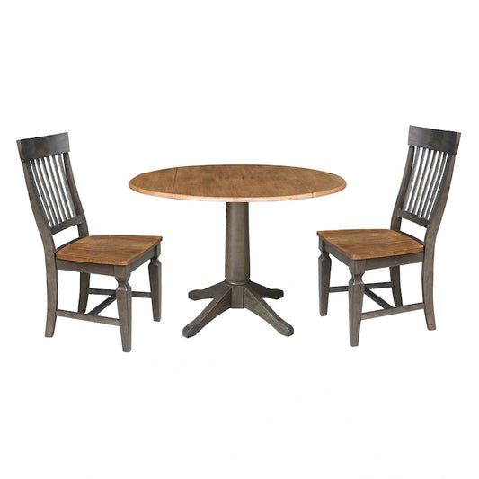 42 in. Round Dual Drop Leaf Dining Table with 2 Slatback Chairs in Hickory/Washed Coal