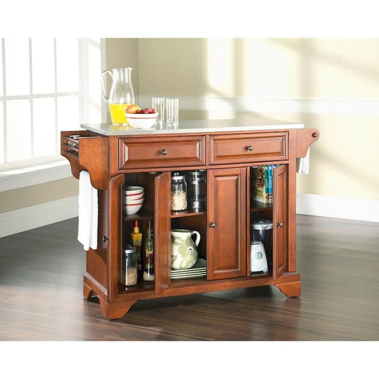 Crosley LaFayette Stainless Steel Top Kitchen Island in Classic Cherry Finish - 51.5 W x 18 D x 36 H