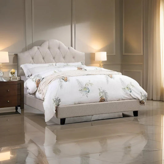 Eni Upholstered Queen Size Bed, Tufted Adjustable Headboard, Taupe Fabric
