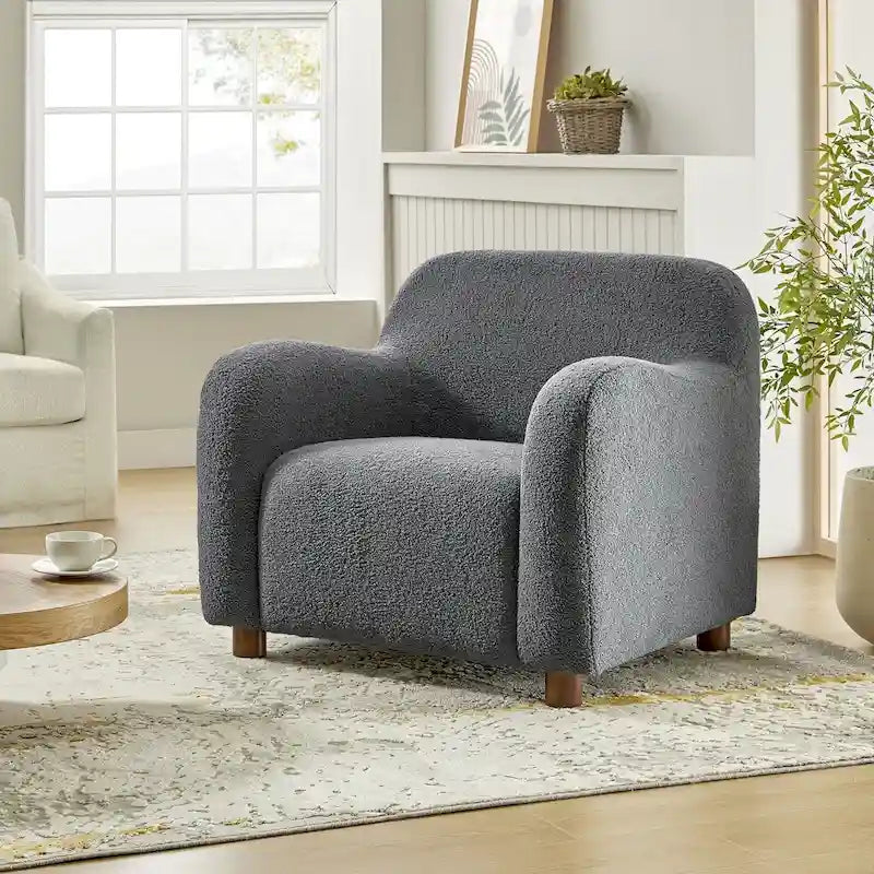Wayne 35 Wide Boucle Upholstered Teddy Accent Chair with Solid Wood Legs by HULALA HOME