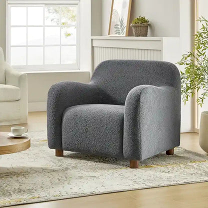 Wayne 35 Wide Boucle Upholstered Teddy Accent Chair with Solid Wood Legs by HULALA HOME