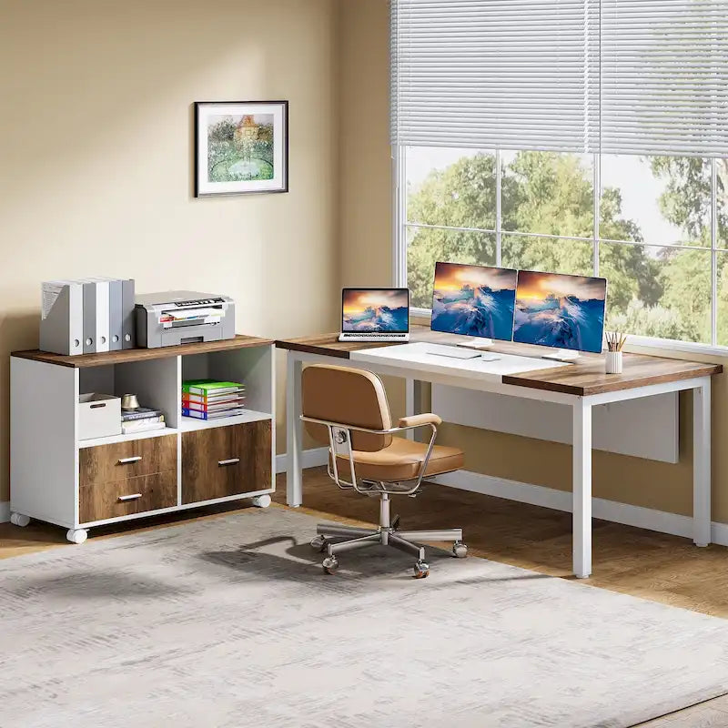 L-shaped Executive Computer Desk and lateral File Cabinet,63-inch Home Office Desk , ,Credenza Desk Set