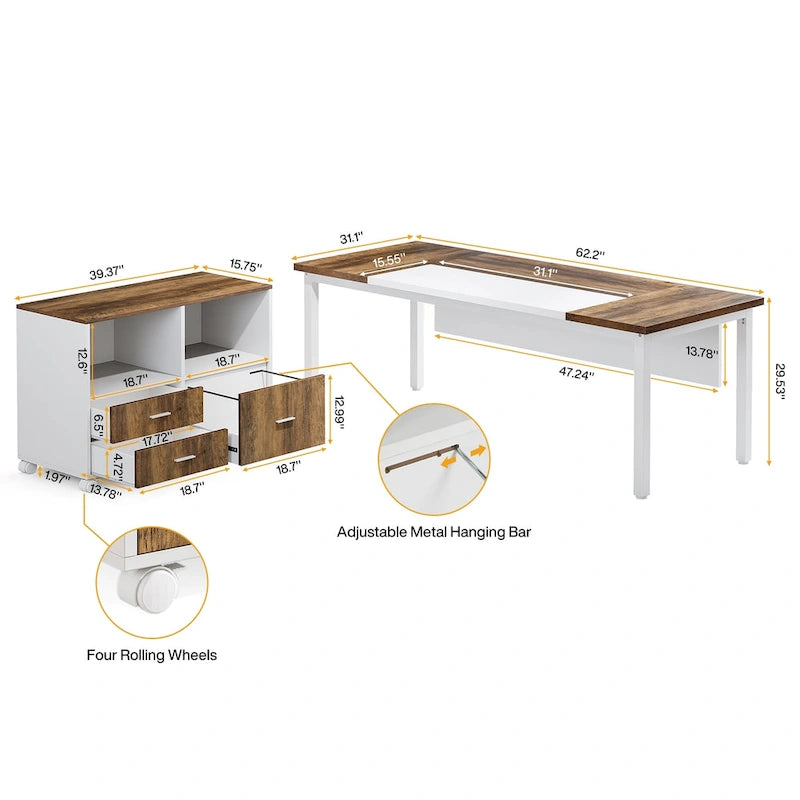 L-shaped Executive Computer Desk and lateral File Cabinet,63-inch Home Office Desk , ,Credenza Desk Set