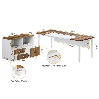 L-shaped Executive Computer Desk and lateral File Cabinet,63-inch Home Office Desk , ,Credenza Desk Set