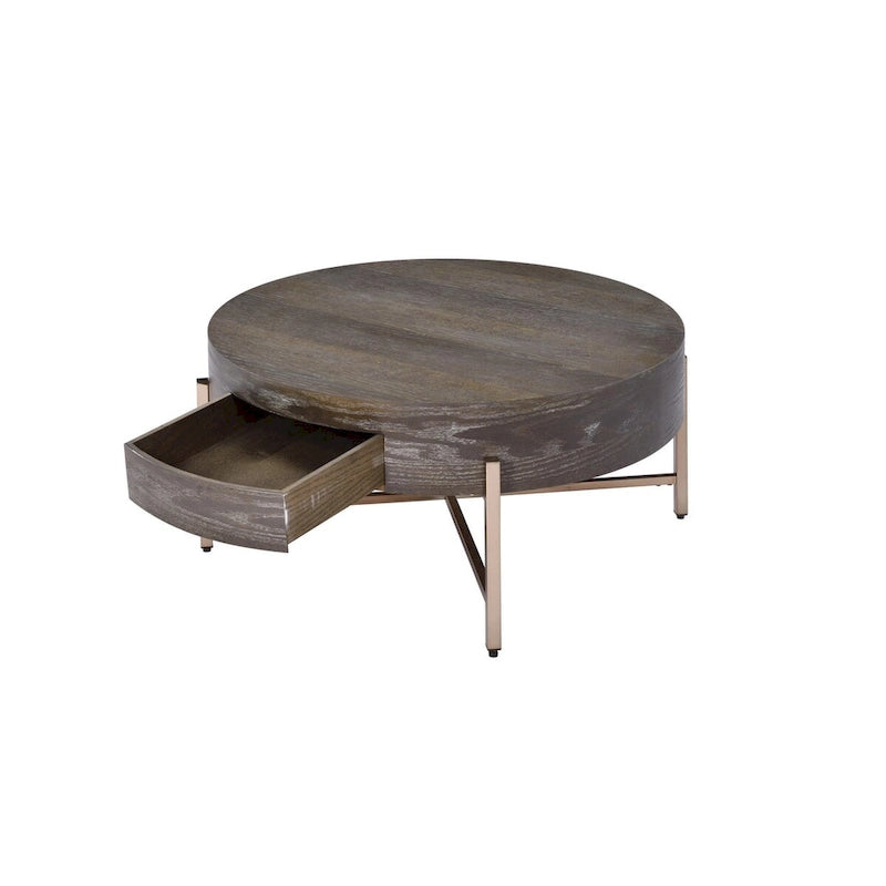 1 Drawer Round Modern Coffee Table with Crossed Metal Legs, Brown and Gold - 16 H x 32 W x 32 L Inches