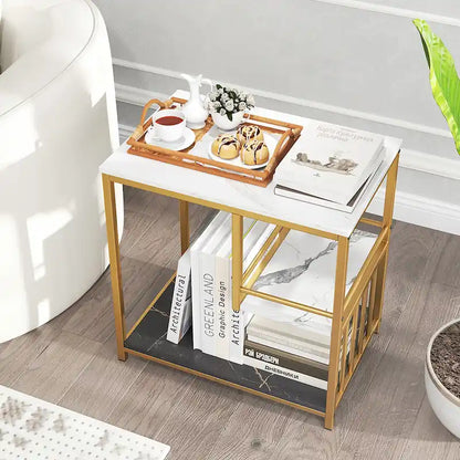 Gymax End Table 3-Tier Faux Marble Side Table w/ Storage Shelves