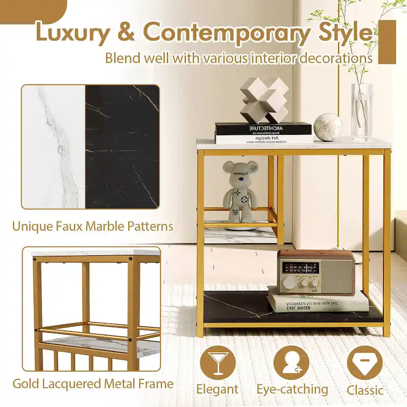 Gymax End Table 3-Tier Faux Marble Side Table w/ Storage Shelves
