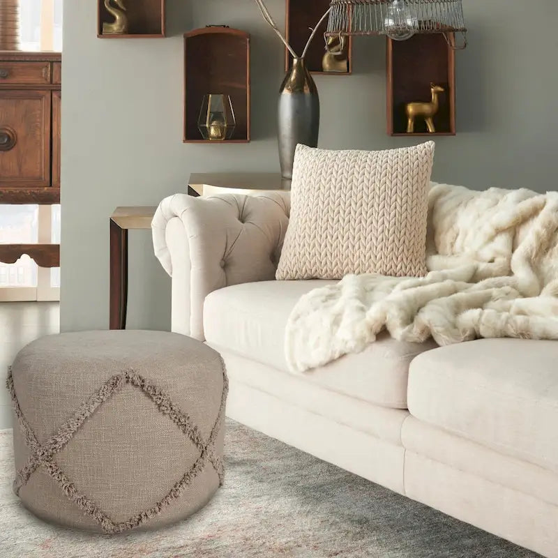 18 Brown Solid Texture Diamond Round Pouf Ottoman