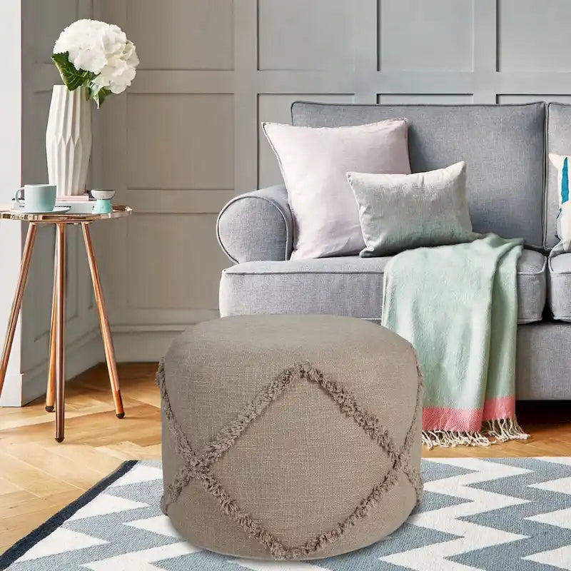 18 Brown Solid Texture Diamond Round Pouf Ottoman