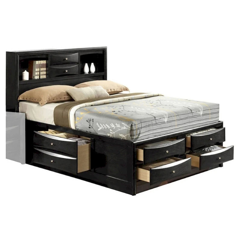 Panel Design Eastern King Size Bed with Bookcase and Drawers, Black