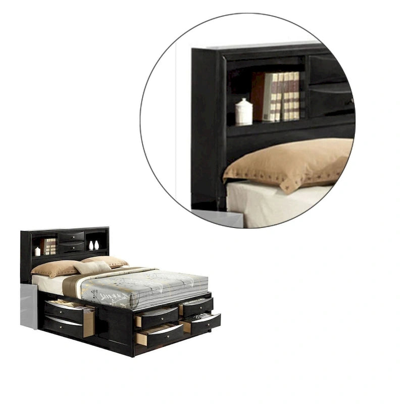Panel Design Eastern King Size Bed with Bookcase and Drawers, Black