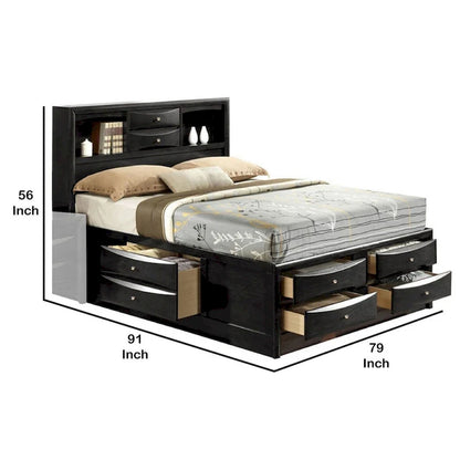 Panel Design Eastern King Size Bed with Bookcase and Drawers, Black