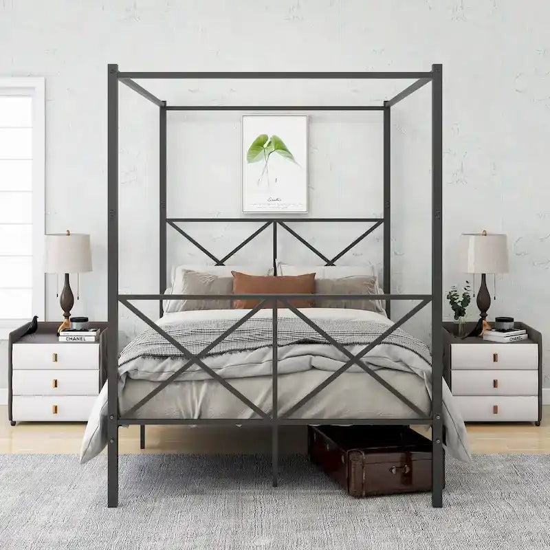 Full Size Metal Canopy Bed Frame with X Shaped Frame