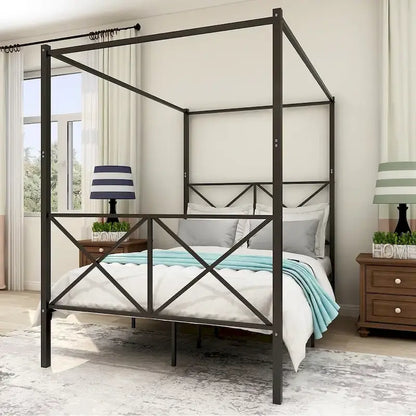 Full Size Metal Canopy Bed Frame with X Shaped Frame