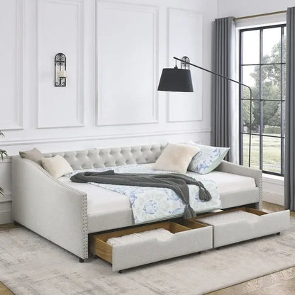Queen Size Daybed with Drawers Upholstered Tufted Sofa Bed