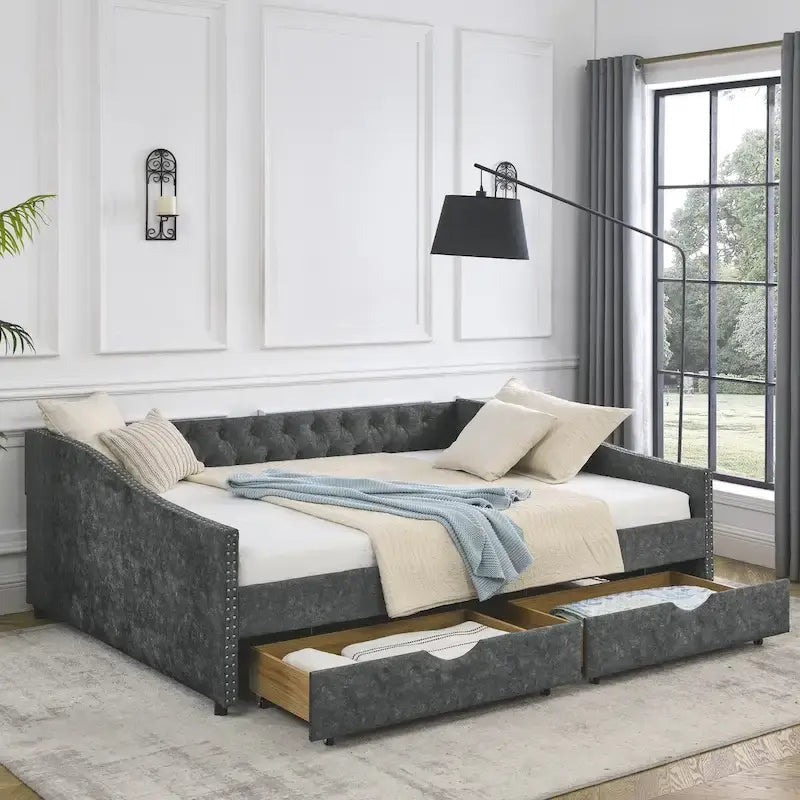 Queen Size Daybed with Drawers Upholstered Tufted Sofa Bed