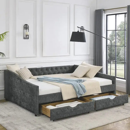 Queen Size Daybed with Drawers Upholstered Tufted Sofa Bed