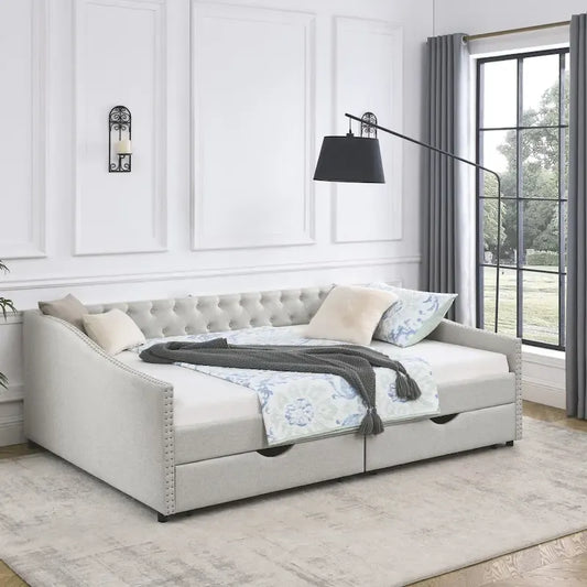 Queen Size Daybed with Drawers Upholstered Tufted Sofa Bed
