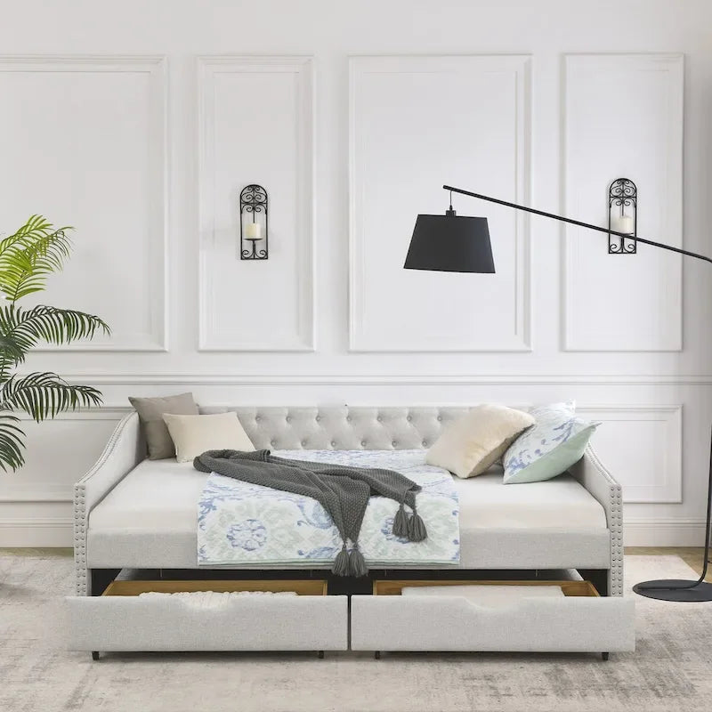 Queen Size Daybed with Drawers Upholstered Tufted Sofa Bed