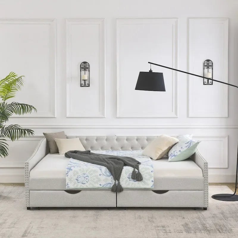 Queen Size Daybed with Drawers Upholstered Tufted Sofa Bed