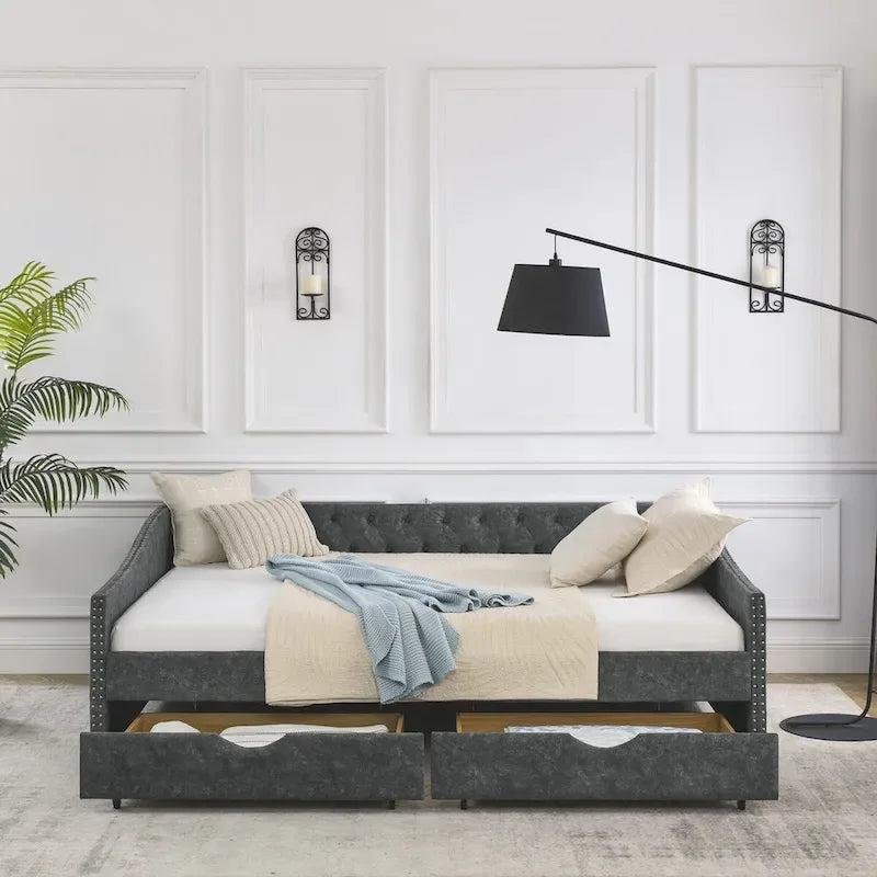 Queen Size Daybed with Drawers Upholstered Tufted Sofa Bed