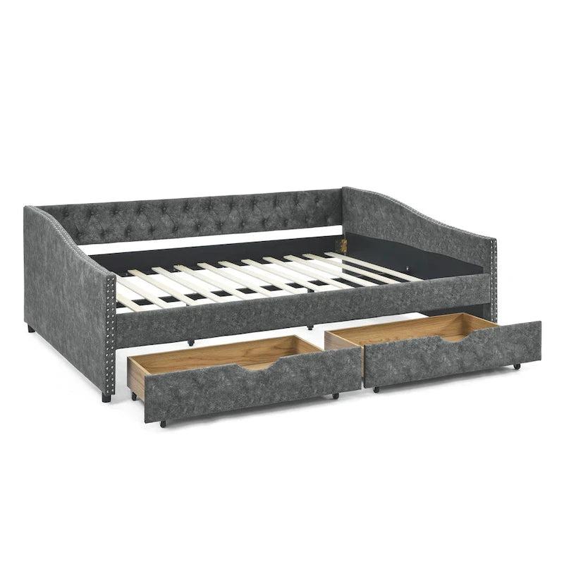 Queen Size Daybed with Drawers Upholstered Tufted Sofa Bed