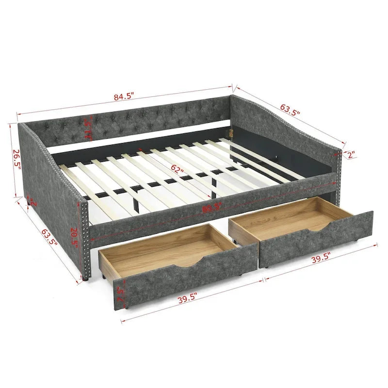 Queen Size Daybed with Drawers Upholstered Tufted Sofa Bed