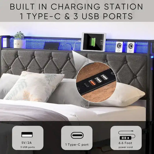 Bed Frame with Storage Headboard Charging Station and LED Lights