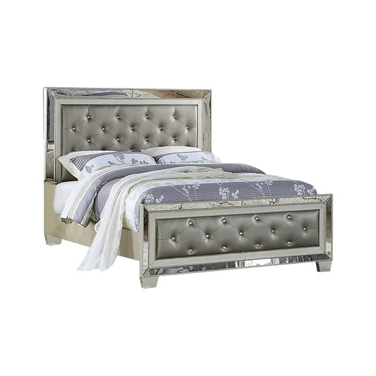 Reva Queen Bed, Mirror Inlaid, Button Tufted Gray Faux Leather Upholstery