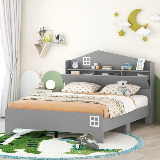 Wooden Full Size House Bed with Storage Headboard