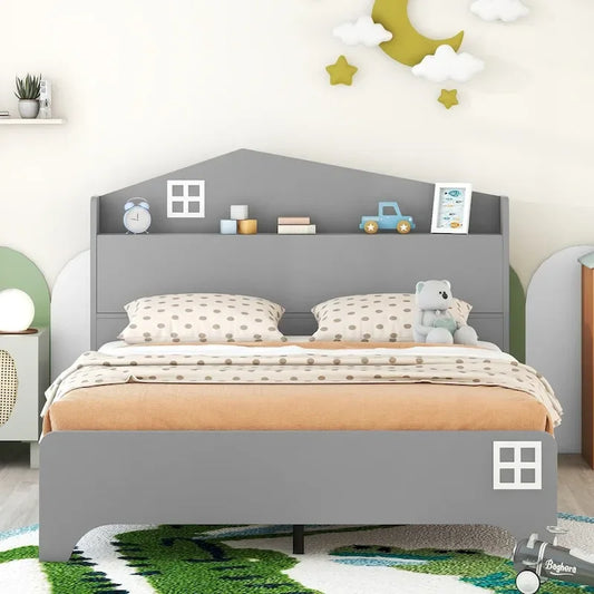 Wooden Full Size House Bed with Storage Headboard