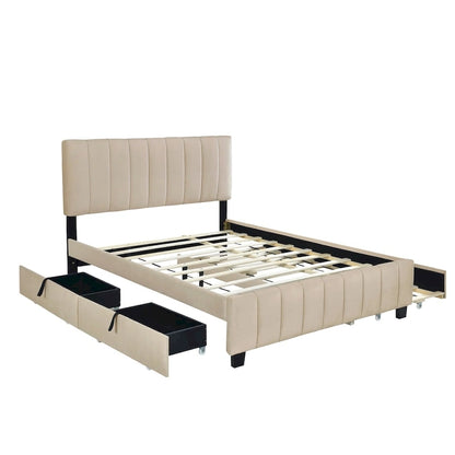 Queen Size Velvet Upholstered Platform Bed with 2 Drawers and 1 Twin XL Trundle
