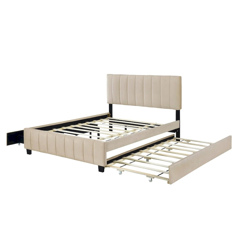 Queen Size Velvet Upholstered Platform Bed with 2 Drawers and 1 Twin XL Trundle