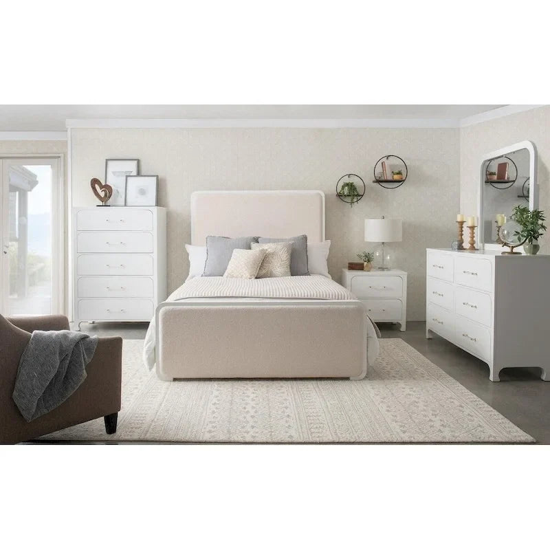 Helena Pearl White and Beige Panel Bed with Support Leg
