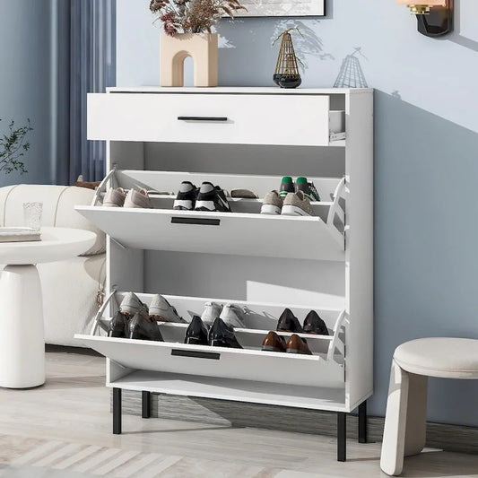 Freestanding Shoe Cabinet with Drawers, Metal Legs, and Flip Drawers