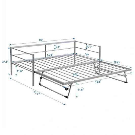 Twin Size Metal Daybed with Adjustable Trundle, Pop Up Trundle