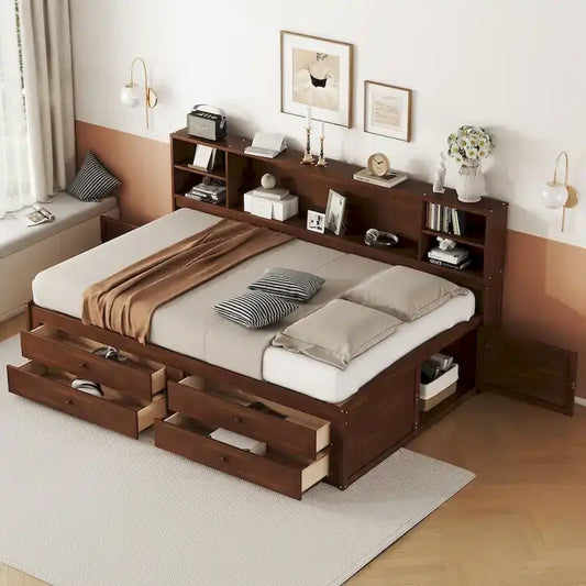 Captain Bed with Built-In Storage Shelves, 4 Drawers and 2 Cabinets