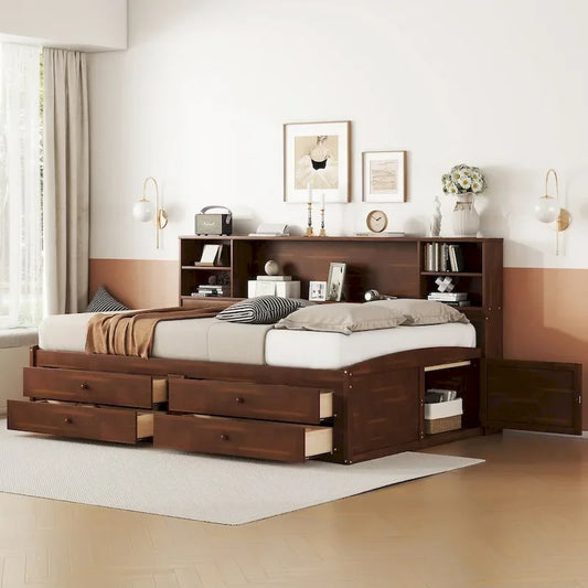 Captain Bed with Built-In Storage Shelves, 4 Drawers and 2 Cabinets