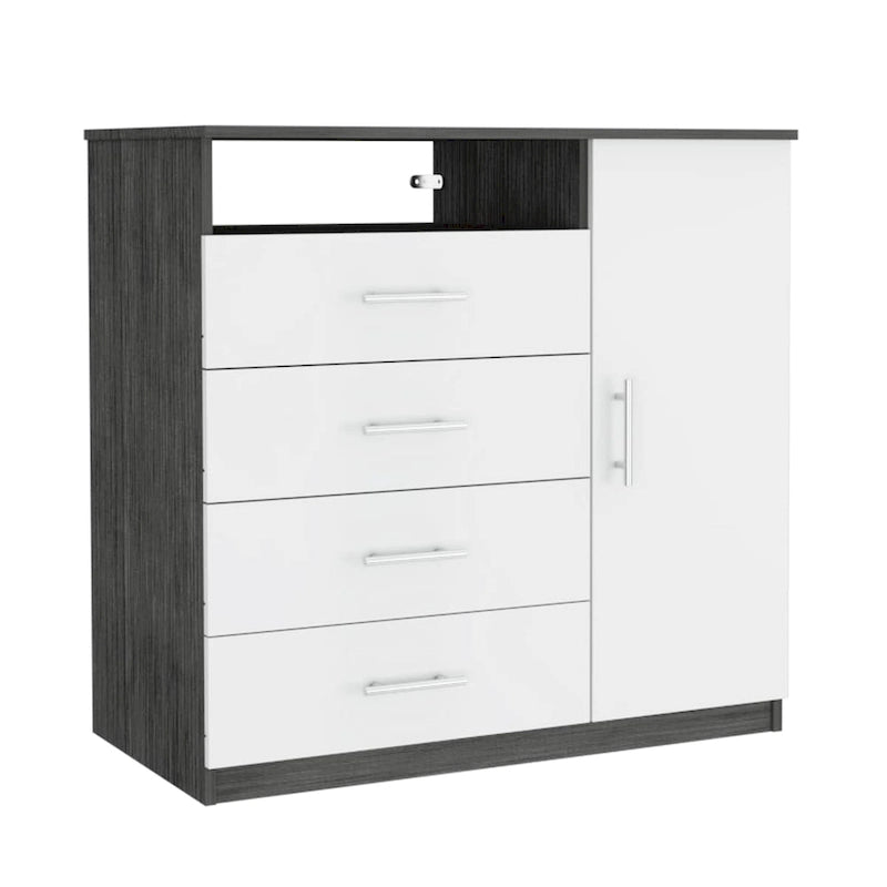 4 Drawer Dresser, Single Door Cabinet, One Open Shelf, Superior Top