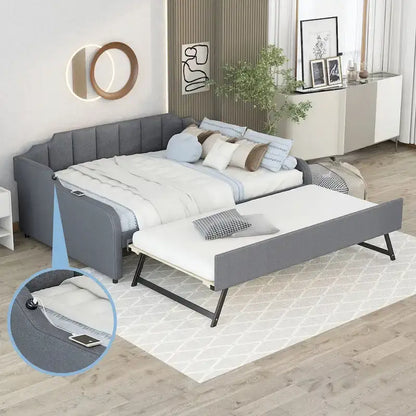 Full Size Upholstery Daybed with Trundle and USB Charging Design,Trundle can be flat or erected