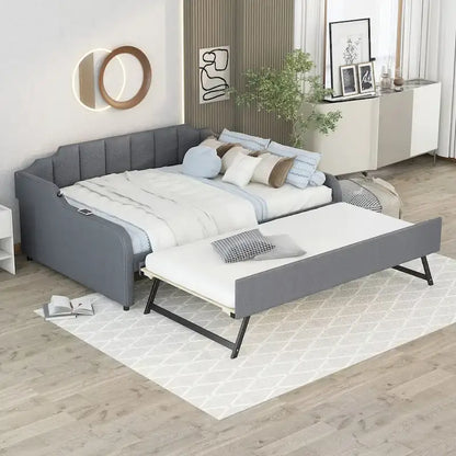 Full Size Upholstery Daybed with Trundle and USB Charging Design,Trundle can be flat or erected