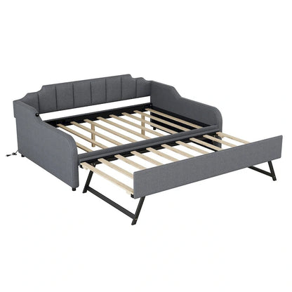 Full Size Upholstery Daybed with Trundle and USB Charging Design,Trundle can be flat or erected