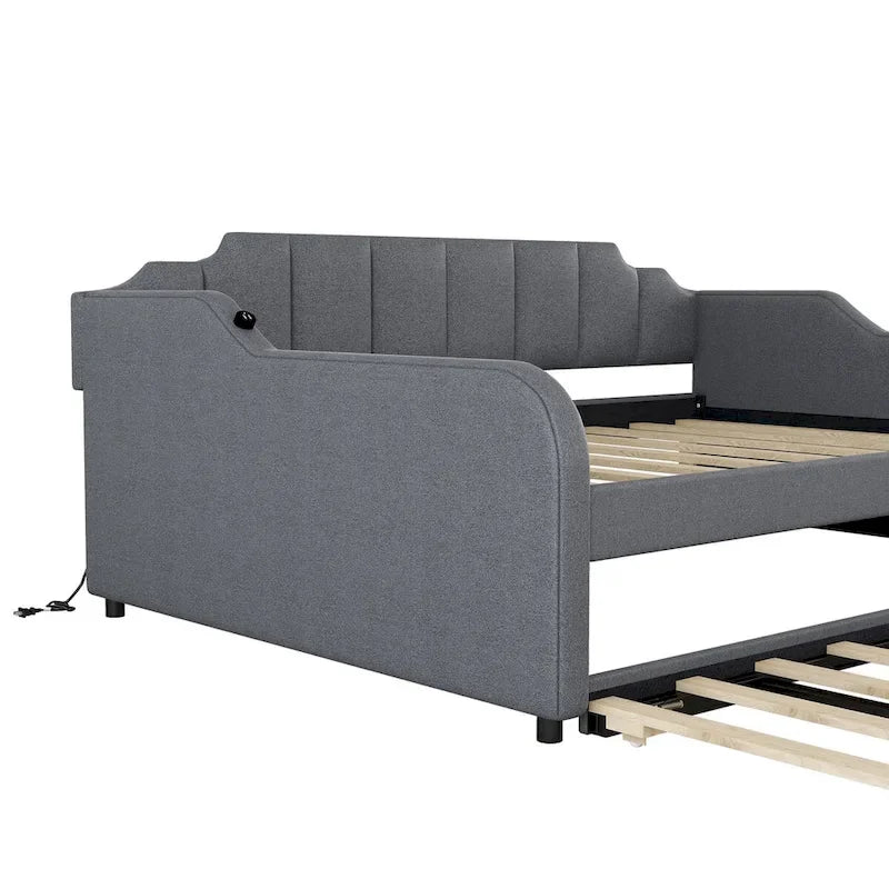 Full Size Upholstery Daybed with Trundle and USB Charging Design,Trundle can be flat or erected