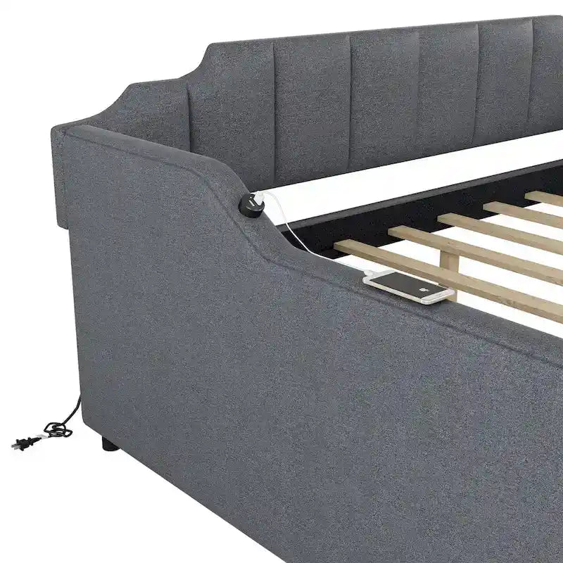 Full Size Upholstery Daybed with Trundle and USB Charging Design,Trundle can be flat or erected