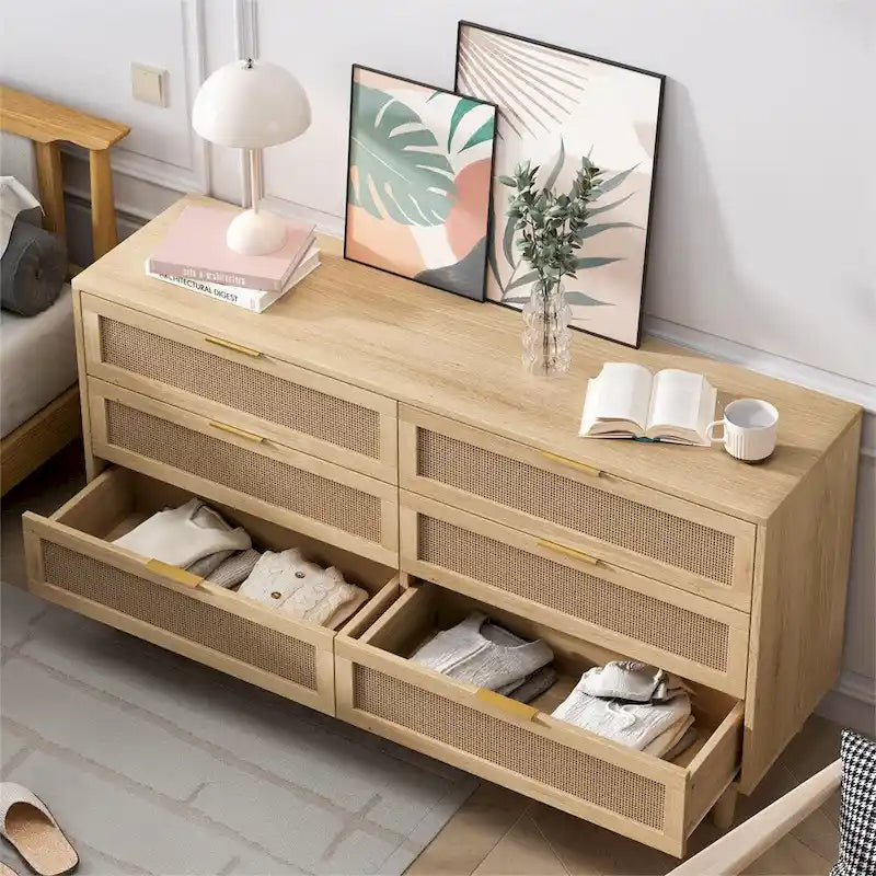 59 Rattan Storage Cabinet with 6 Drawers and Wood Legs
